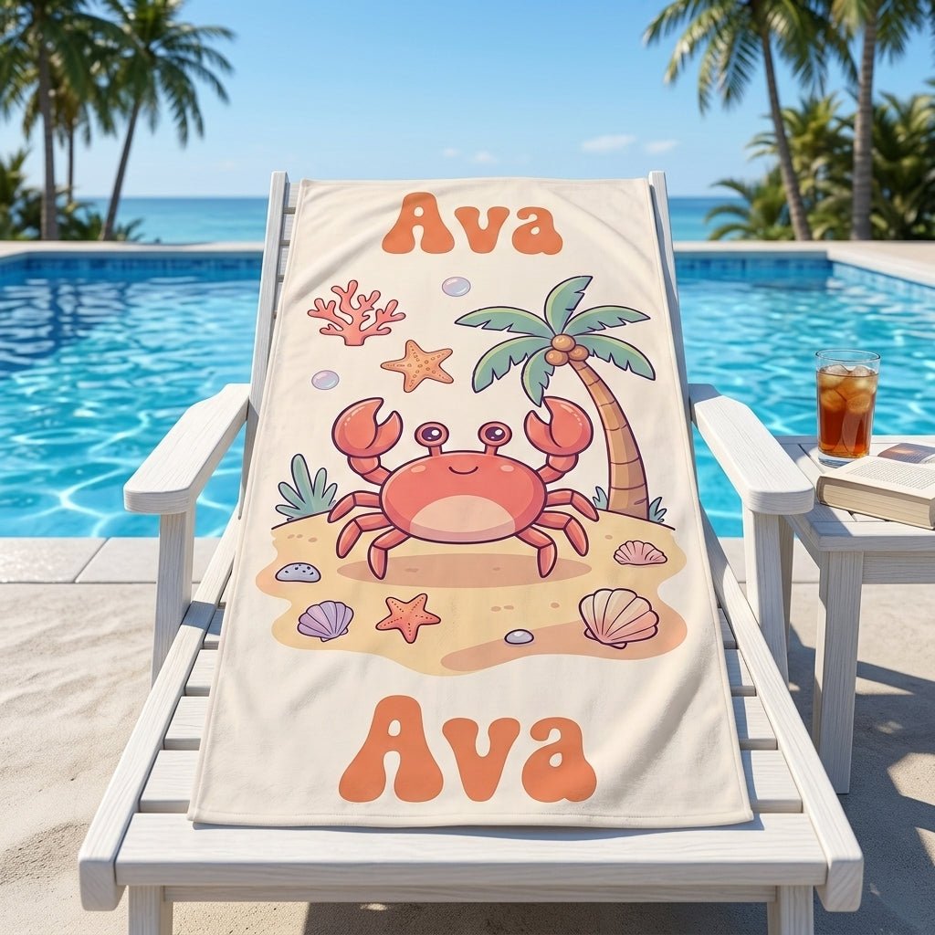 Personalized Pastel Crab Beach Towel - Custom Name Kids Summer Gift - FlamingoAholic