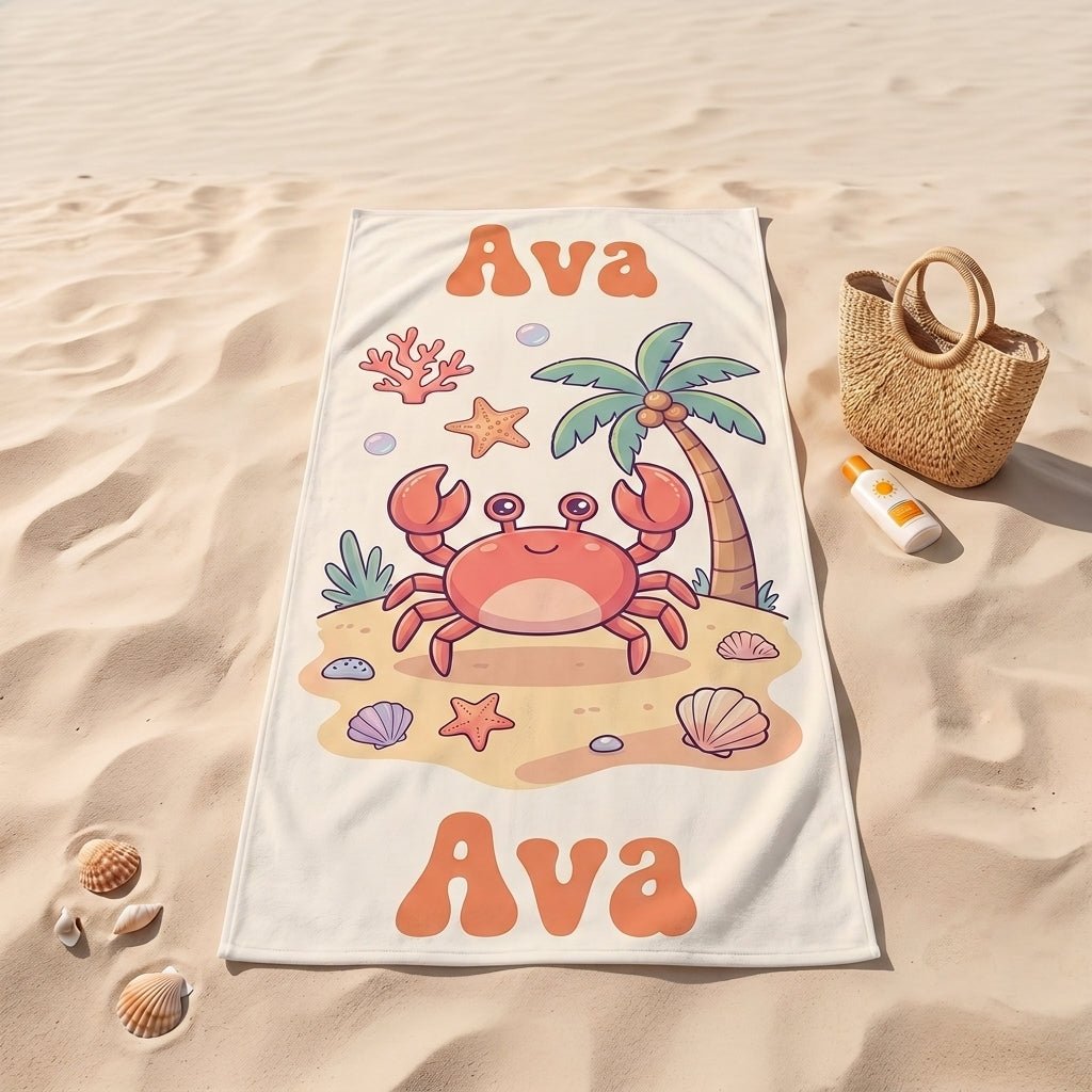 Personalized Pastel Crab Beach Towel - Custom Name Kids Summer Gift - FlamingoAholic