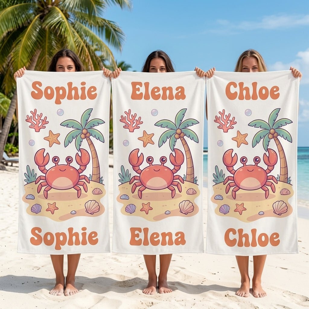 Personalized Pastel Crab Beach Towel - Custom Name Kids Summer Gift - FlamingoAholic