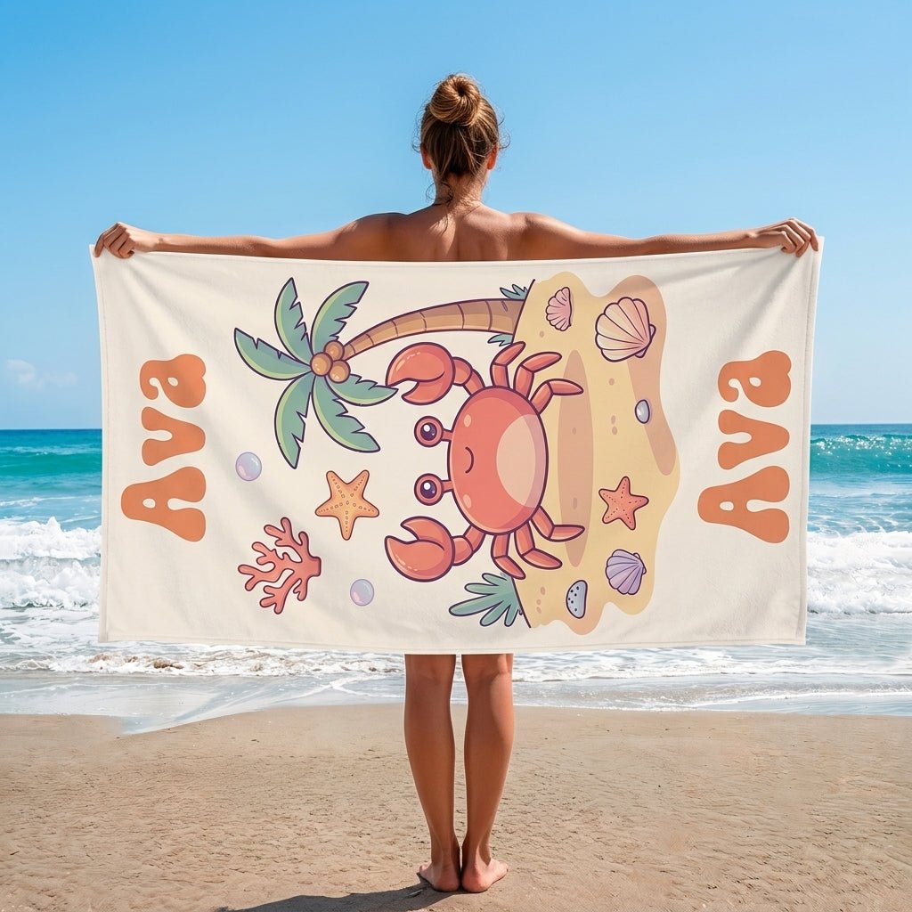 Personalized Pastel Crab Beach Towel - Custom Name Kids Summer Gift - FlamingoAholic