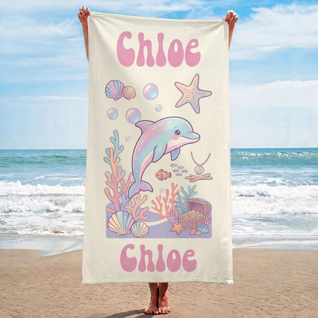 Personalized Pastel Dolphin Beach Towel - Custom Name Kids Summer Gift - FlamingoAholic