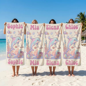 Personalized Pastel Dolphin Beach Towel - Custom Name Kids Summer Gift - FlamingoAholic
