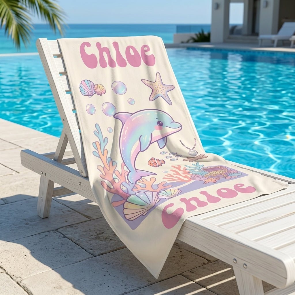 Personalized Pastel Dolphin Beach Towel - Custom Name Kids Summer Gift - FlamingoAholic