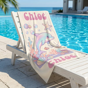Personalized Pastel Dolphin Beach Towel - Custom Name Kids Summer Gift - FlamingoAholic
