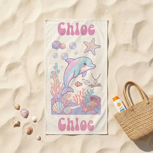 Personalized Pastel Dolphin Beach Towel - Custom Name Kids Summer Gift - FlamingoAholic