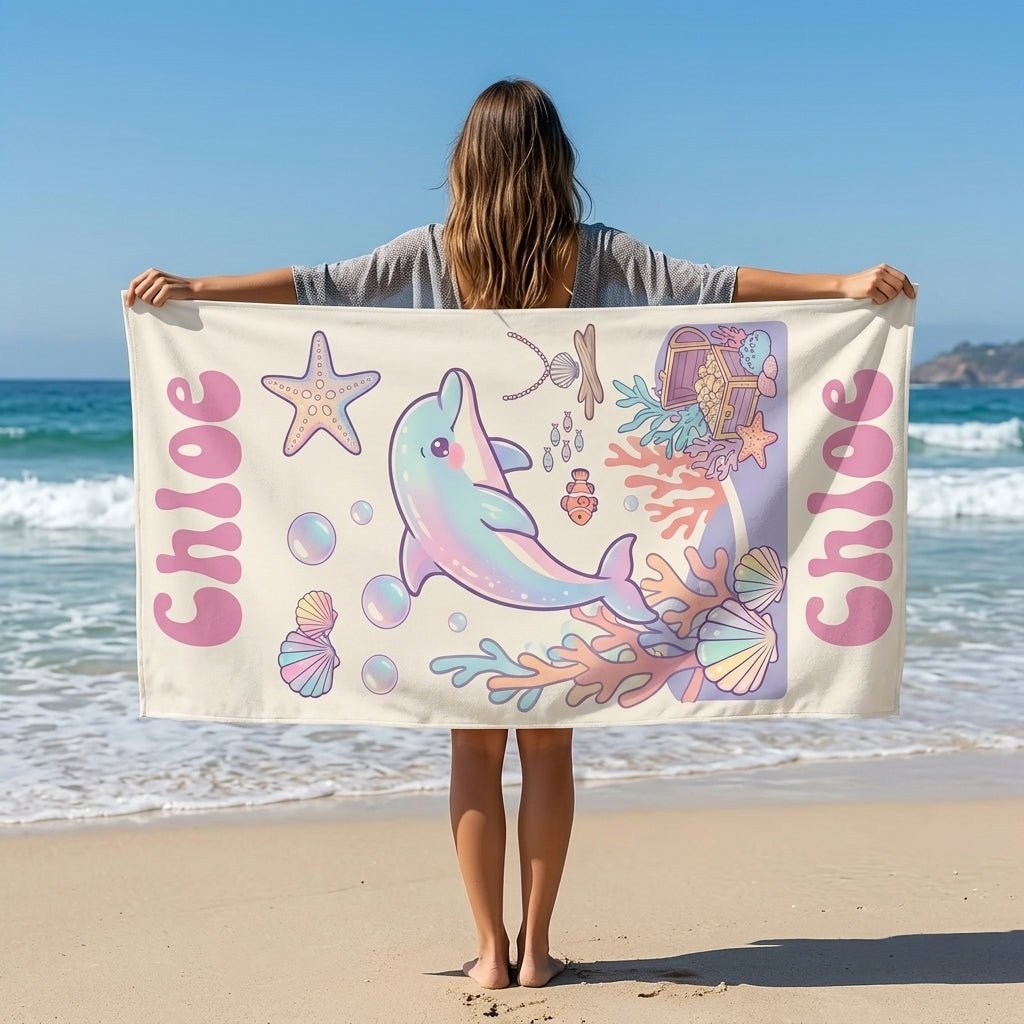 Personalized Pastel Dolphin Beach Towel - Custom Name Kids Summer Gift - FlamingoAholic