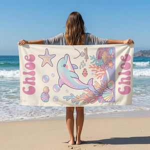 Personalized Pastel Dolphin Beach Towel - Custom Name Kids Summer Gift - FlamingoAholic