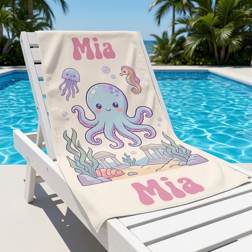 Personalized Pastel Octopus Beach Towel - Custom Name Kids Summer Gift - FlamingoAholic