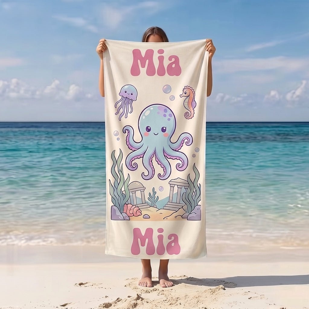 Personalized Pastel Octopus Beach Towel - Custom Name Kids Summer Gift - FlamingoAholic