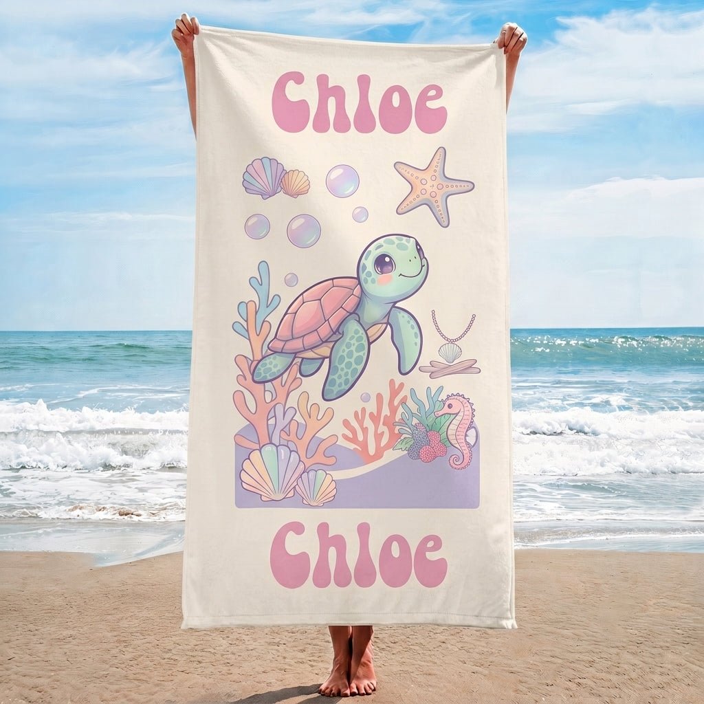 Personalized Pastel Turtle Beach Towel - Custom Name Kids Summer Gift - FlamingoAholic