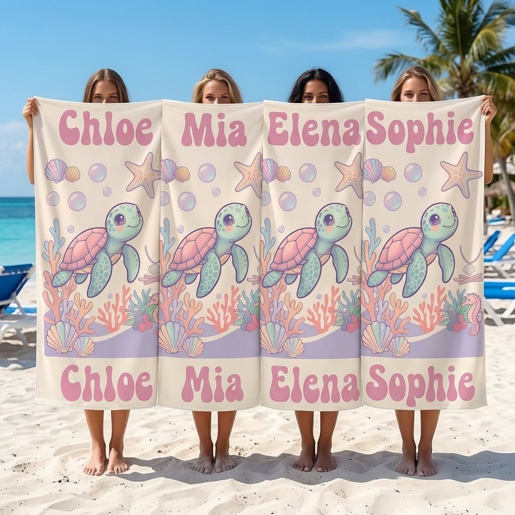 Personalized Pastel Turtle Beach Towel - Custom Name Kids Summer Gift - FlamingoAholic