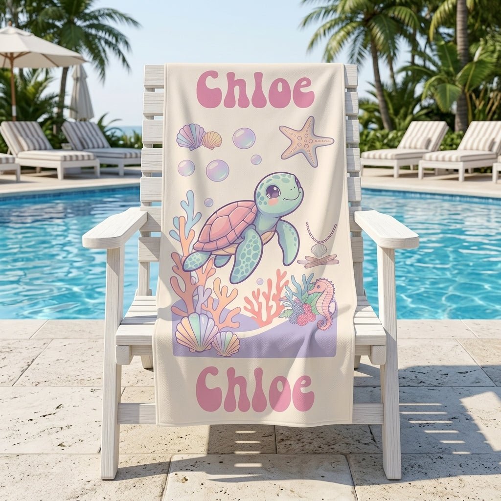 Personalized Pastel Turtle Beach Towel - Custom Name Kids Summer Gift - FlamingoAholic