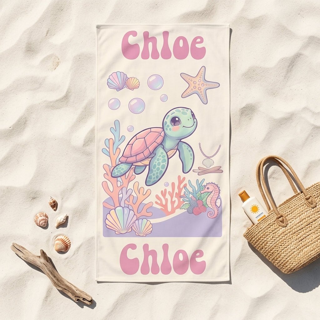 Personalized Pastel Turtle Beach Towel - Custom Name Kids Summer Gift - FlamingoAholic