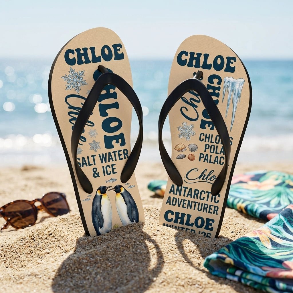 Personalized Penguin Lightweight Flip Flops - Custom Name "Chloe" - FlamingoAholic