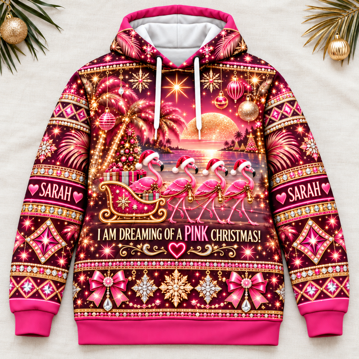 Personalized Pink Christmas Flamingo Sweater & Hoodie - FlamingoAholic