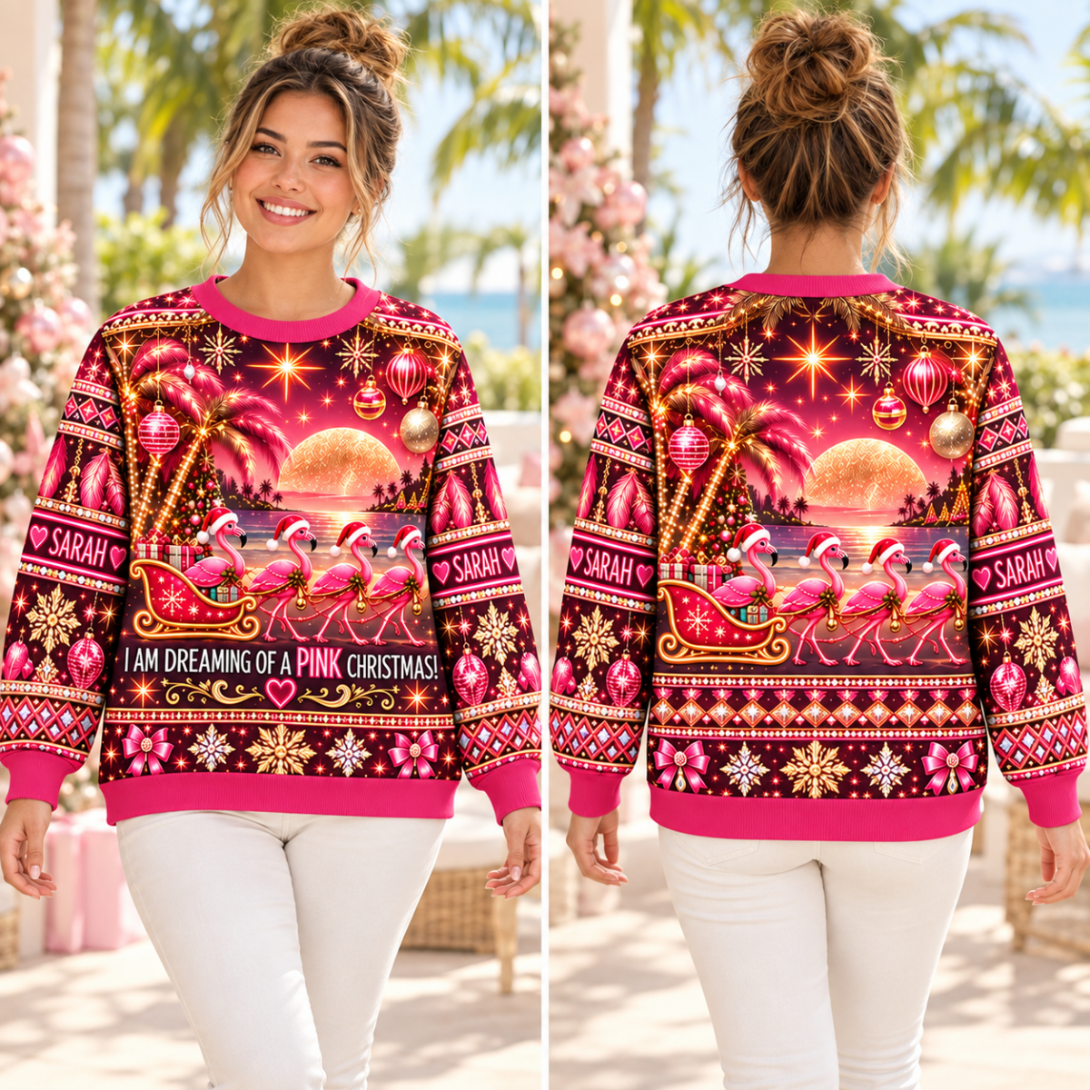 Personalized Pink Christmas Flamingo Sweater & Hoodie - FlamingoAholic