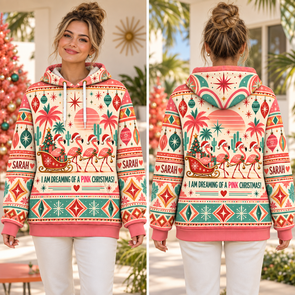 Personalized Pink Christmas Flamingo Sweater & Hoodie - FlamingoAholic