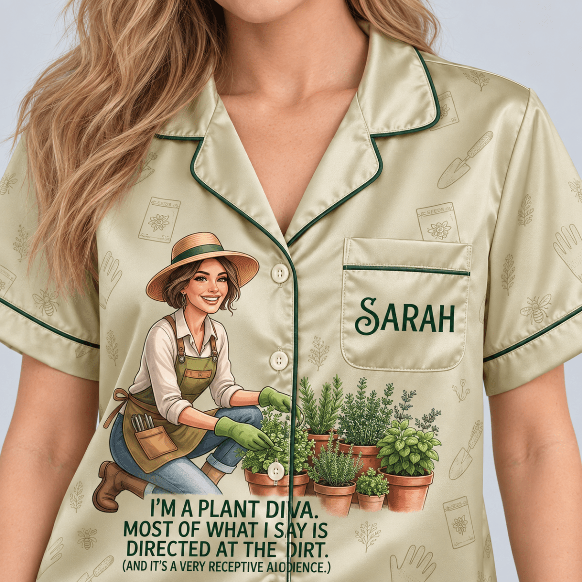 Personalized Plant Diva Satin Pajama Set for Women, Funny Gardening Pajamas - FlamingoAholic