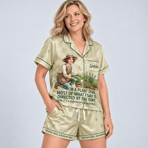Personalized Plant Diva Satin Pajama Set for Women, Funny Gardening Pajamas - FlamingoAholic