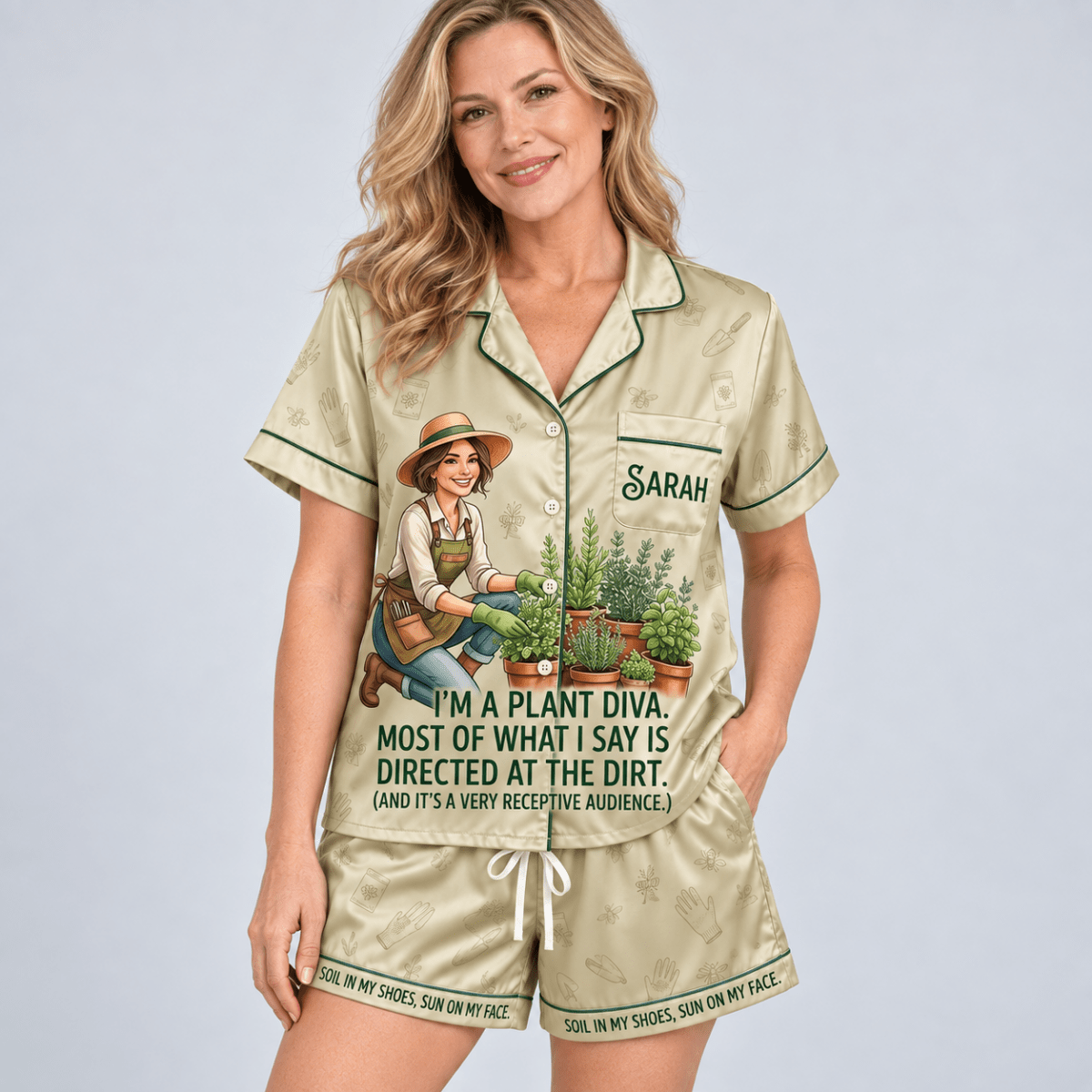 Personalized Plant Diva Satin Pajama Set for Women, Funny Gardening Pajamas - FlamingoAholic