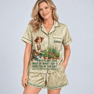 Personalized Plant Diva Satin Pajama Set for Women, Funny Gardening Pajamas - FlamingoAholic