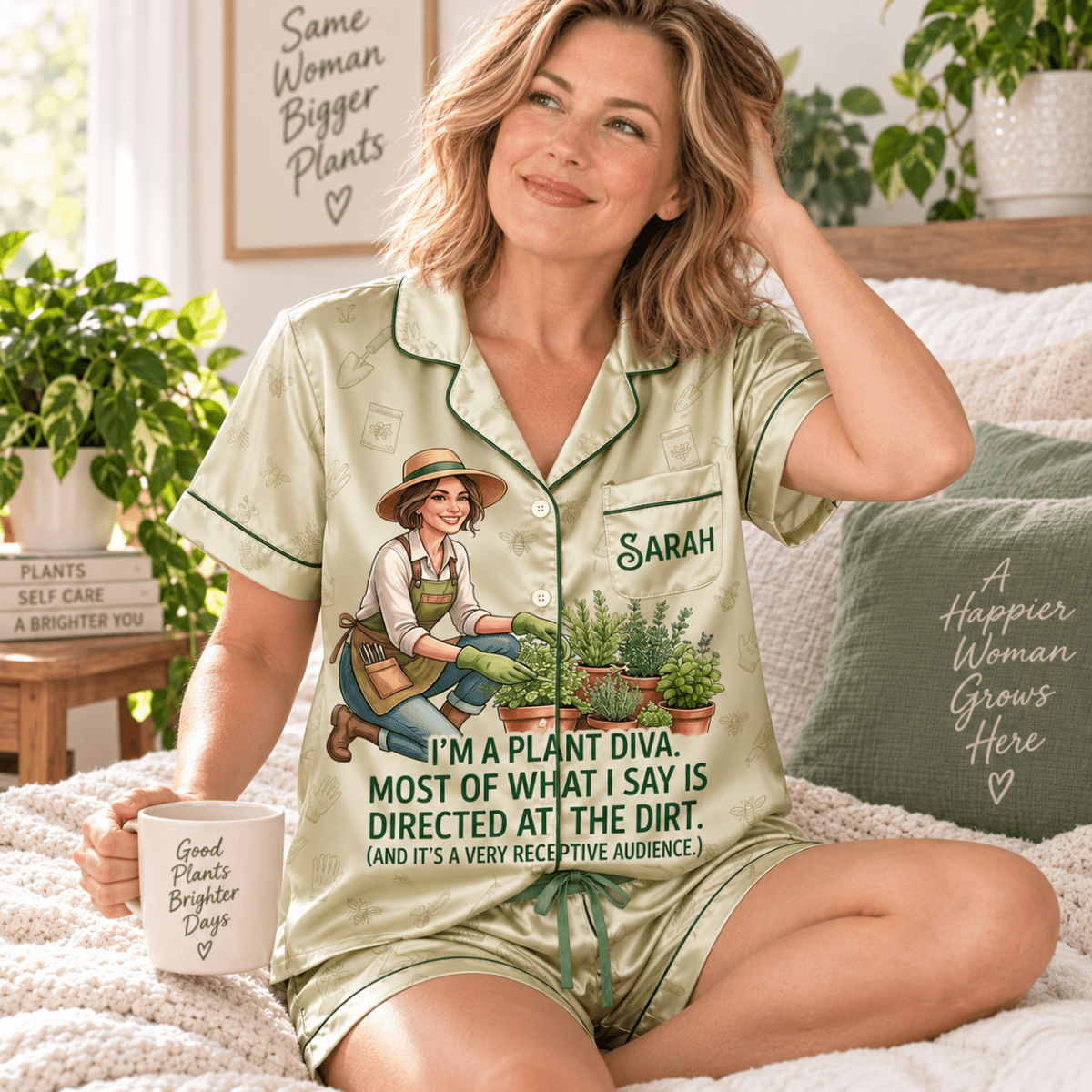 Personalized Plant Diva Satin Pajama Set for Women, Funny Gardening Pajamas - FlamingoAholic