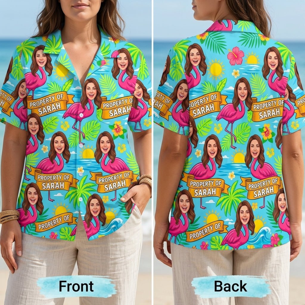 Personalized "Property Of" Flamingo Face Tropical Hawaiian Shirt - FlamingoAholic