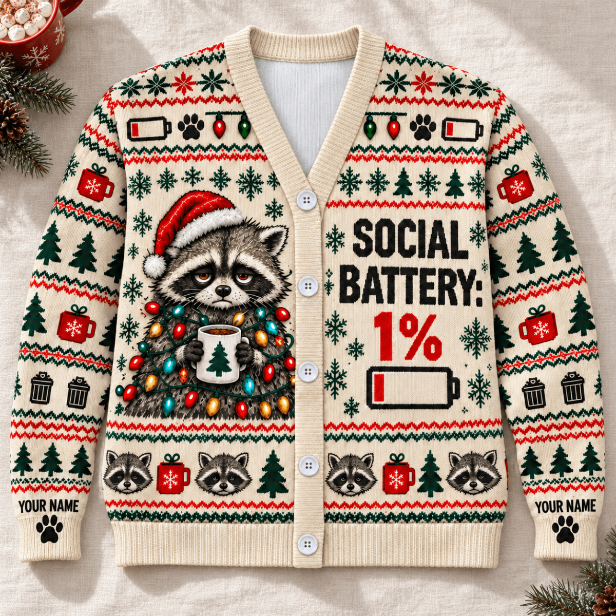 Personalized Raccoon Christmas Knitted Sweater & Cardigan – Cream - FlamingoAholic