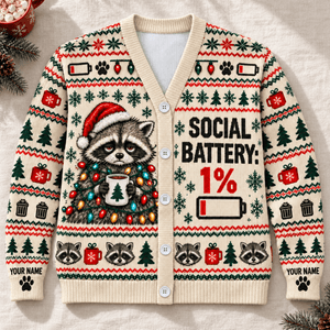 Personalized Raccoon Christmas Knitted Sweater & Cardigan – Cream - FlamingoAholic