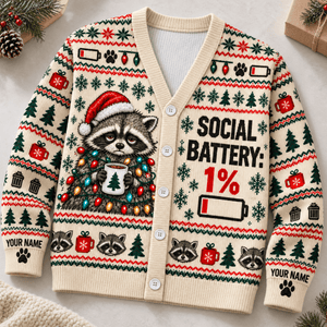 Personalized Raccoon Christmas Knitted Sweater & Cardigan – Cream - FlamingoAholic