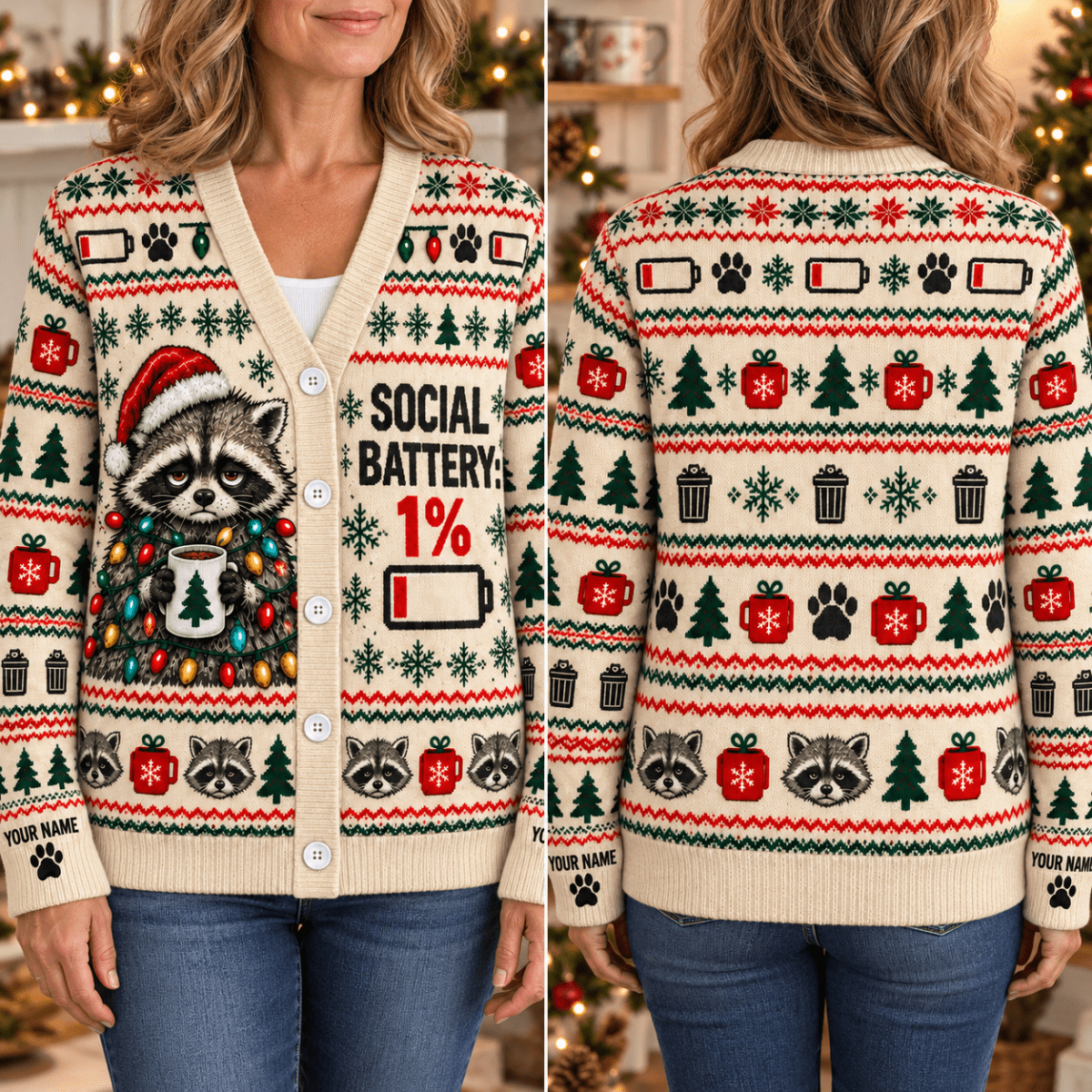 Personalized Raccoon Christmas Knitted Sweater & Cardigan – Cream - FlamingoAholic