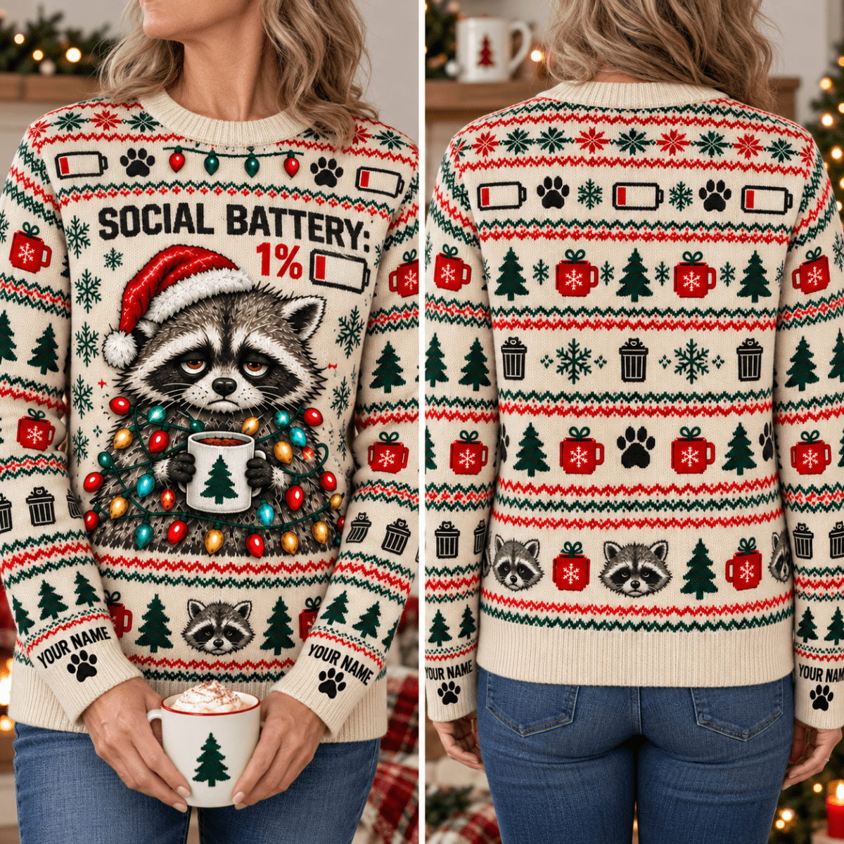 Personalized Raccoon Christmas Knitted Sweater & Cardigan – Cream - FlamingoAholic