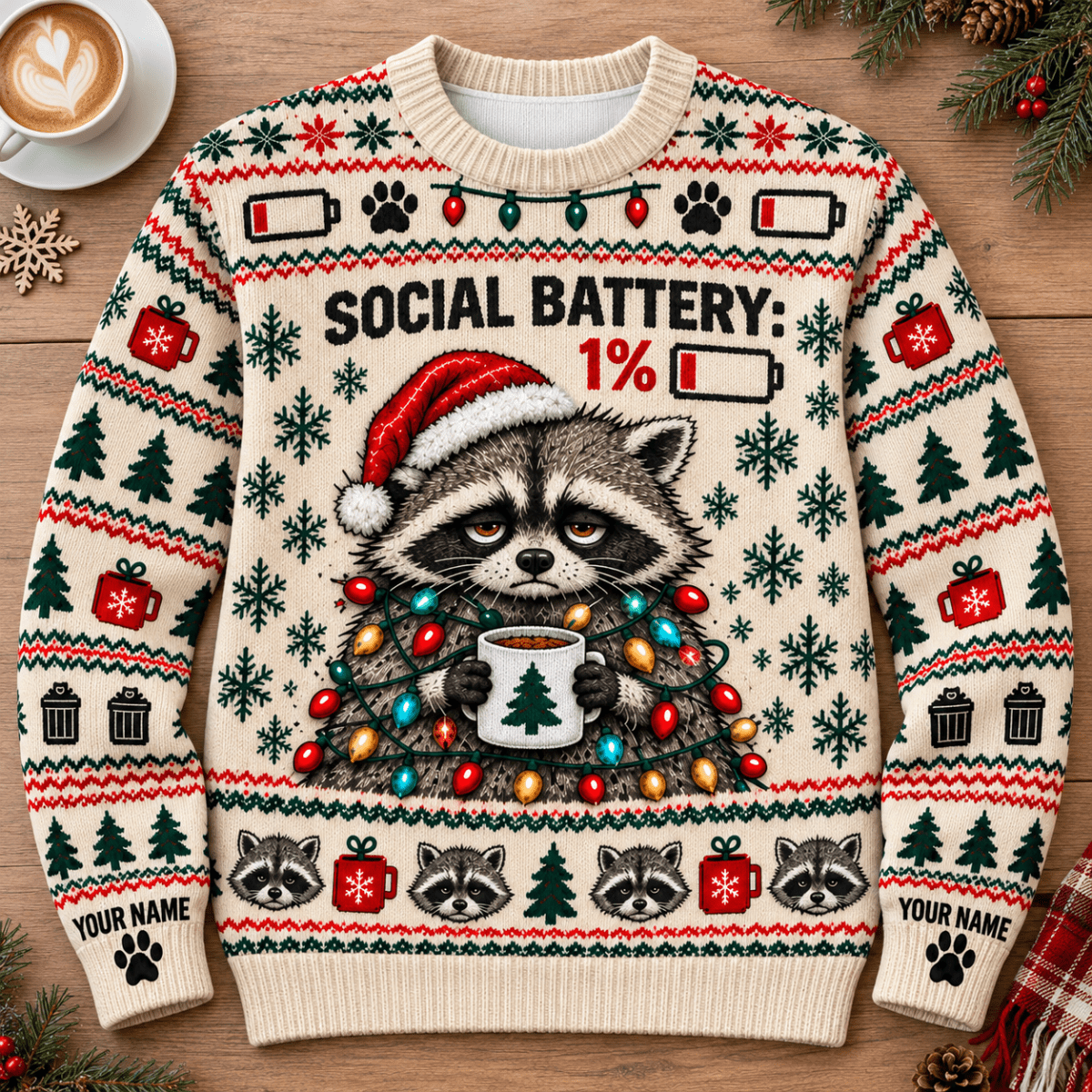 Personalized Raccoon Christmas Knitted Sweater & Cardigan – Cream - FlamingoAholic