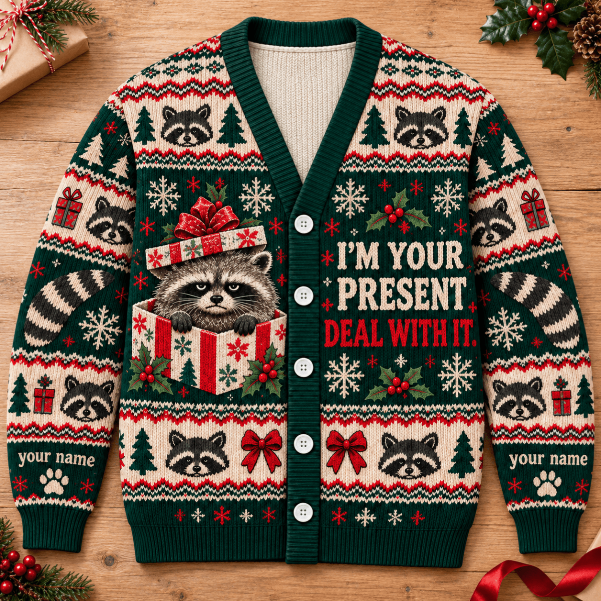 Personalized Raccoon Christmas Knitted Sweater & Cardigan – I'm Your Present - FlamingoAholic