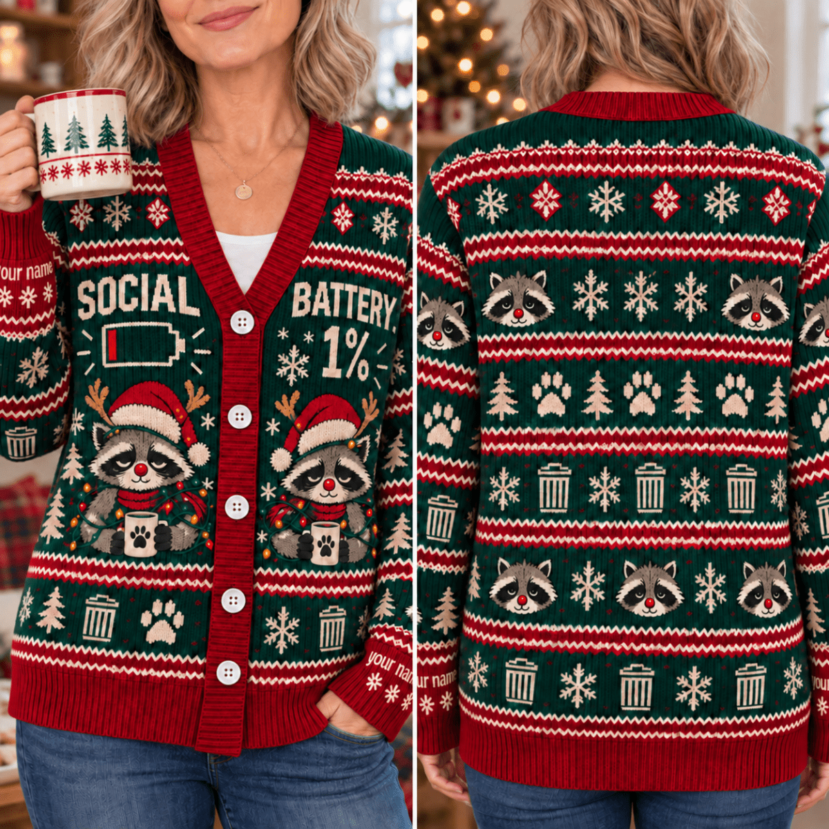 Personalized Raccoon Christmas Knitted Sweater & Cardigan – Social Battery 1% - FlamingoAholic