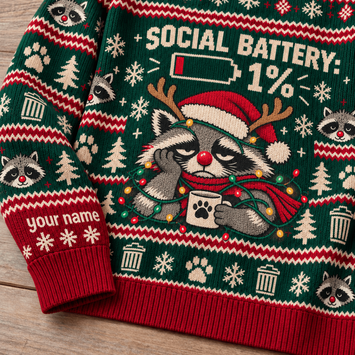 Personalized Raccoon Christmas Knitted Sweater & Cardigan – Social Battery 1% - FlamingoAholic