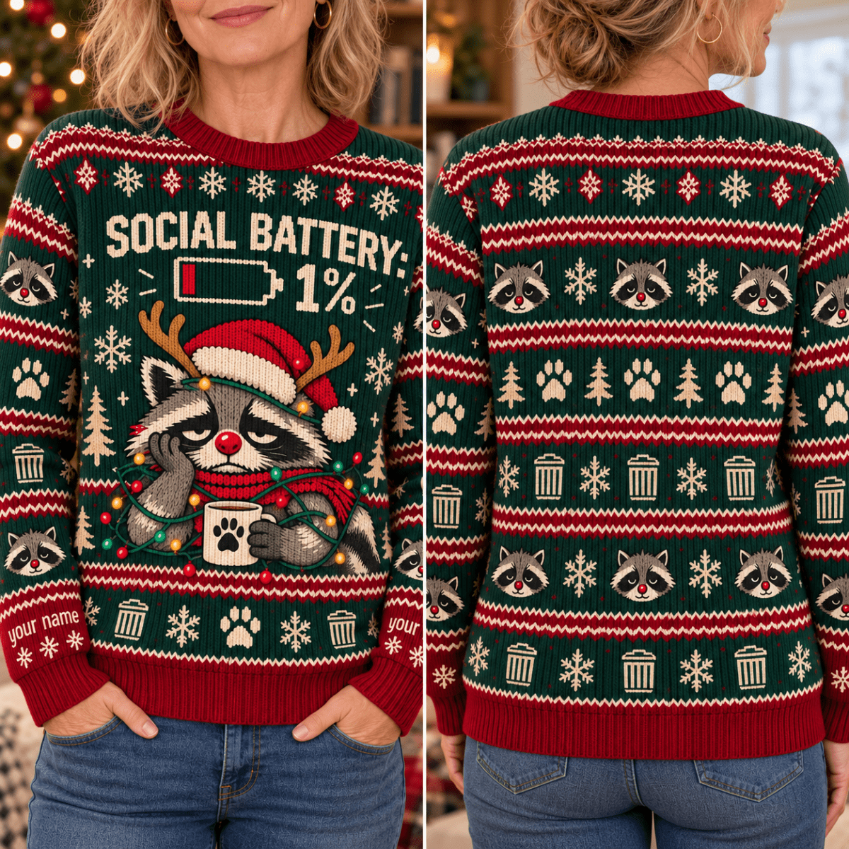 Personalized Raccoon Christmas Knitted Sweater & Cardigan – Social Battery 1% - FlamingoAholic