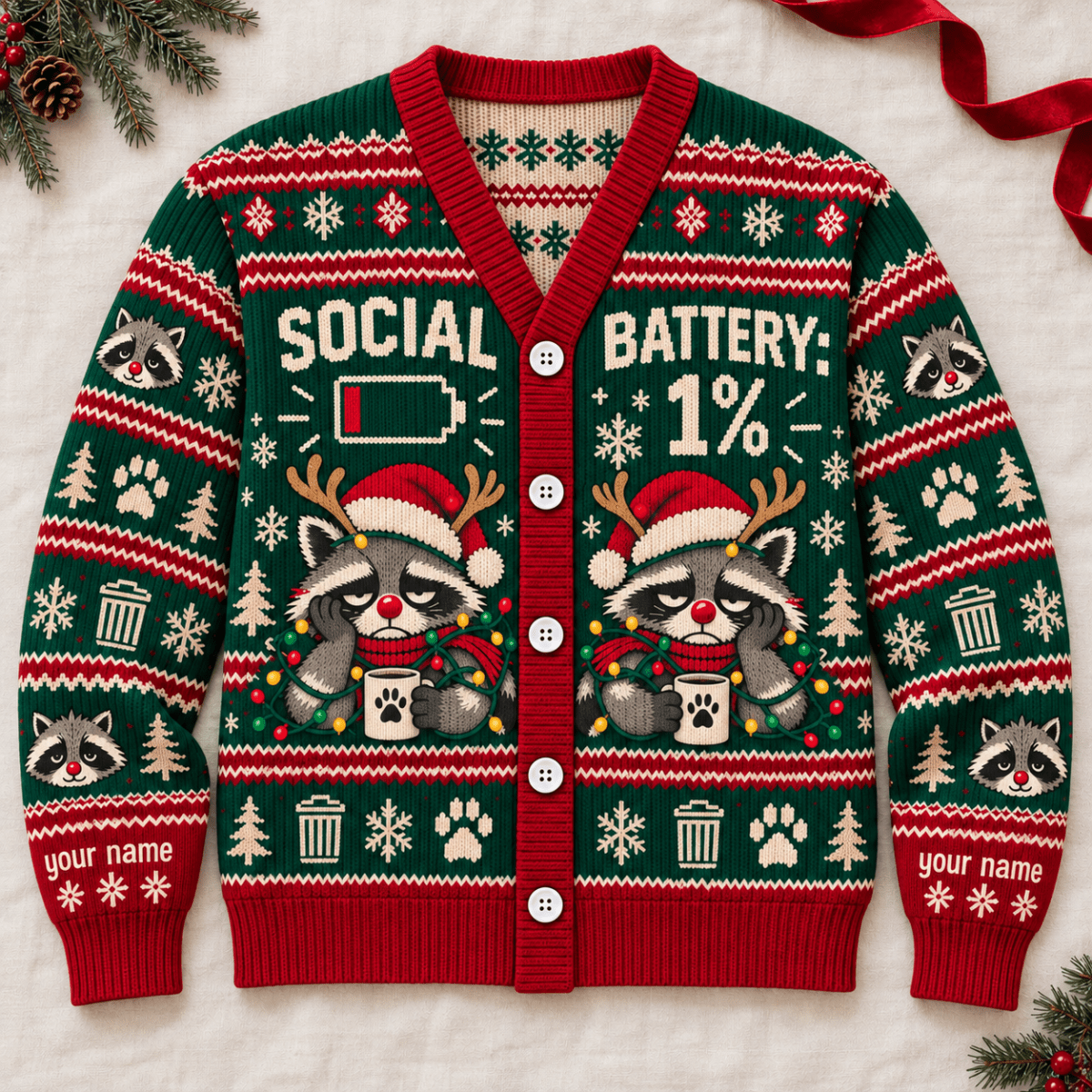 Personalized Raccoon Christmas Knitted Sweater & Cardigan – Social Battery 1% - FlamingoAholic