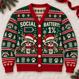 Personalized Raccoon Christmas Knitted Sweater & Cardigan – Social Battery 1% - FlamingoAholic