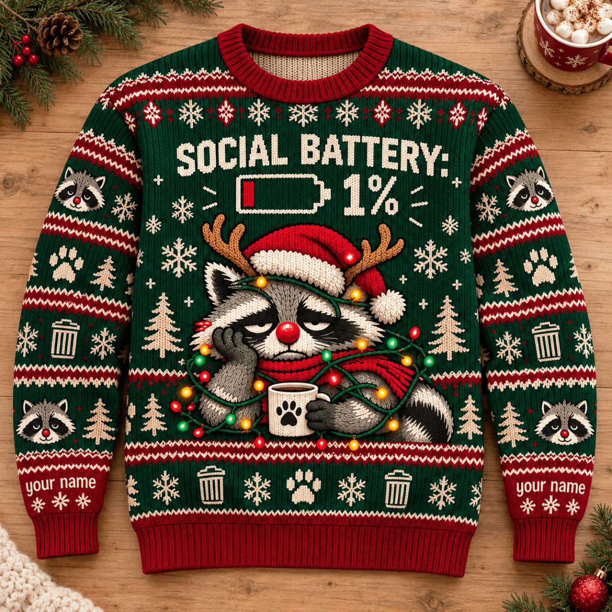 Personalized Raccoon Christmas Knitted Sweater & Cardigan – Social Battery 1% - FlamingoAholic