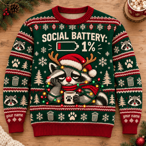 Personalized Raccoon Christmas Knitted Sweater & Cardigan – Social Battery 1% - FlamingoAholic