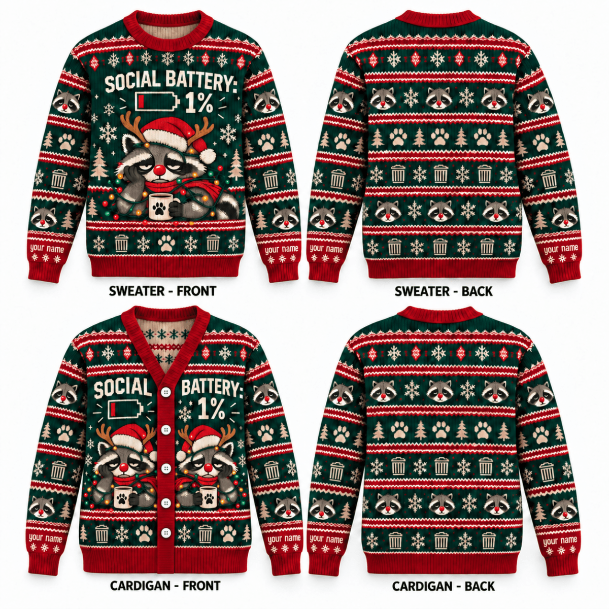 Personalized Raccoon Christmas Knitted Sweater & Cardigan – Social Battery 1% - FlamingoAholic