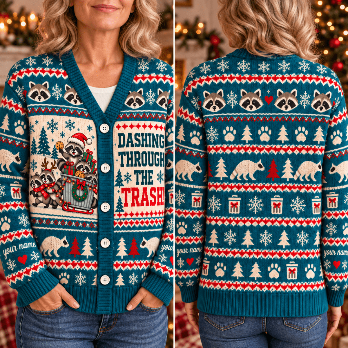 Personalized Raccoon Christmas Knitted Sweater & Cardigan – Trash Dash - FlamingoAholic