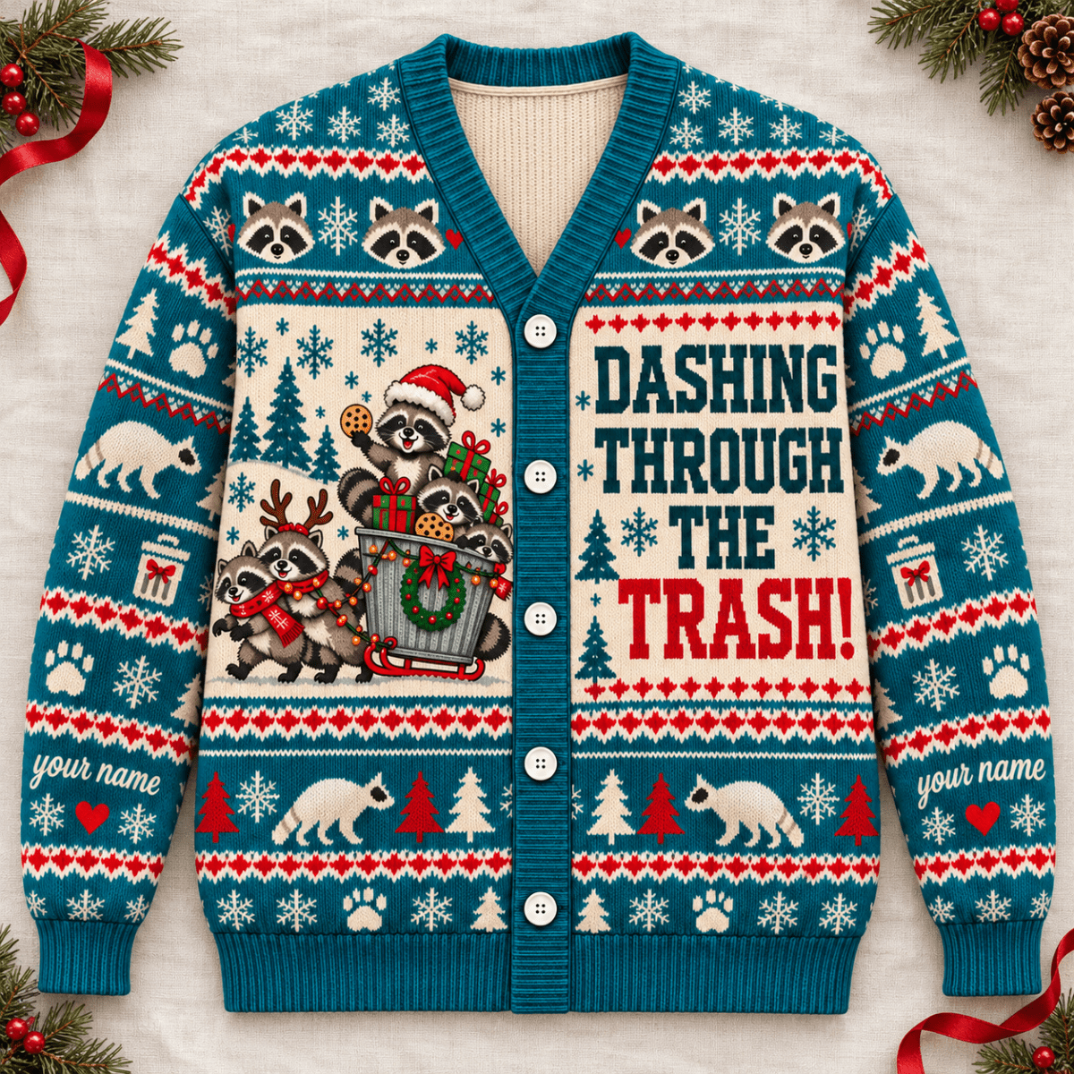 Personalized Raccoon Christmas Knitted Sweater & Cardigan – Trash Dash - FlamingoAholic