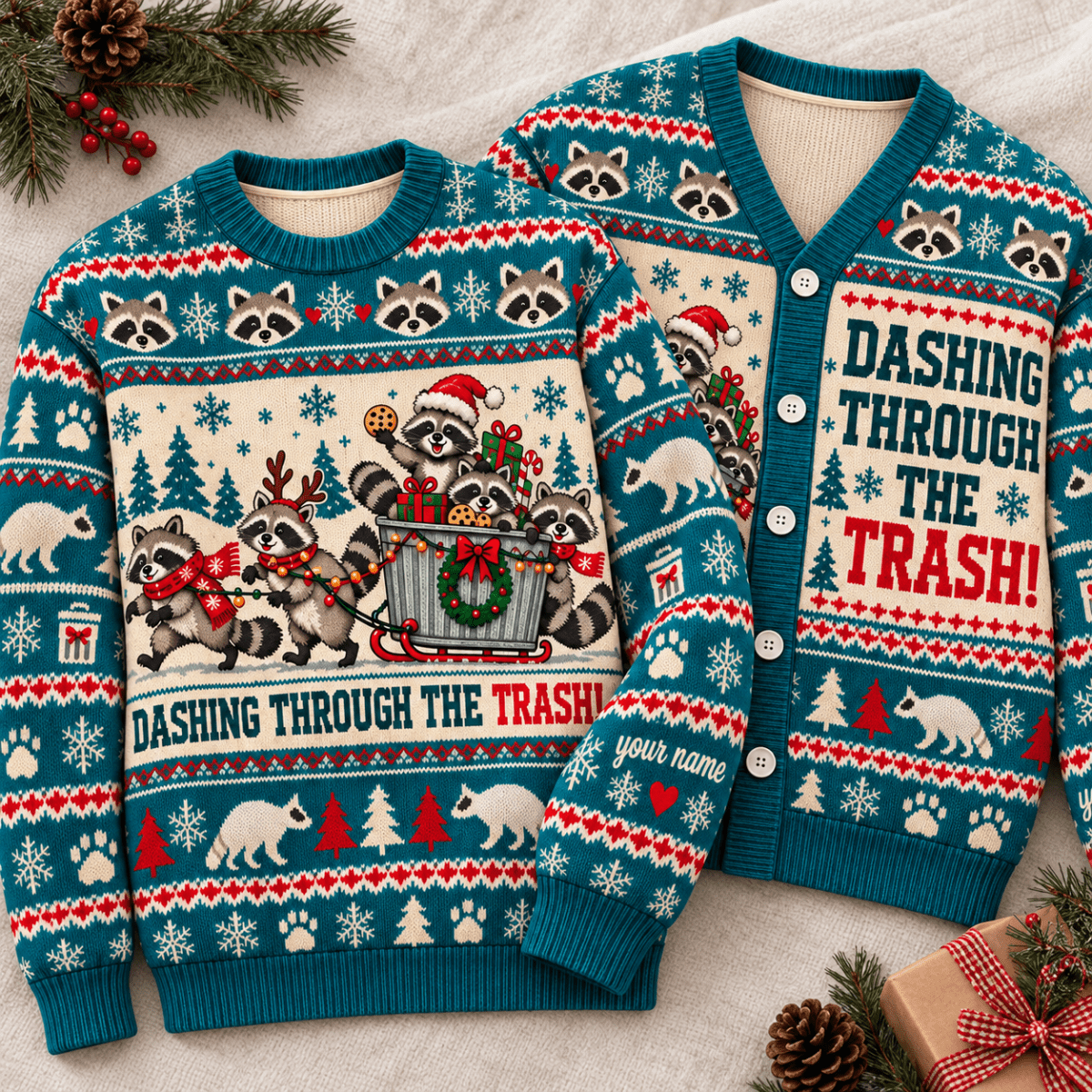 Personalized Raccoon Christmas Knitted Sweater & Cardigan – Trash Dash - FlamingoAholic