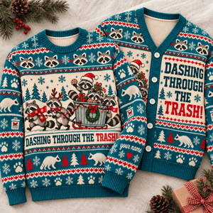 Personalized Raccoon Christmas Knitted Sweater & Cardigan – Trash Dash - FlamingoAholic