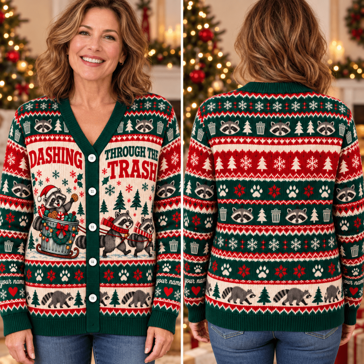 Personalized Raccoon Christmas Knitted Sweater & Cardigan – Trash Sleigh - FlamingoAholic