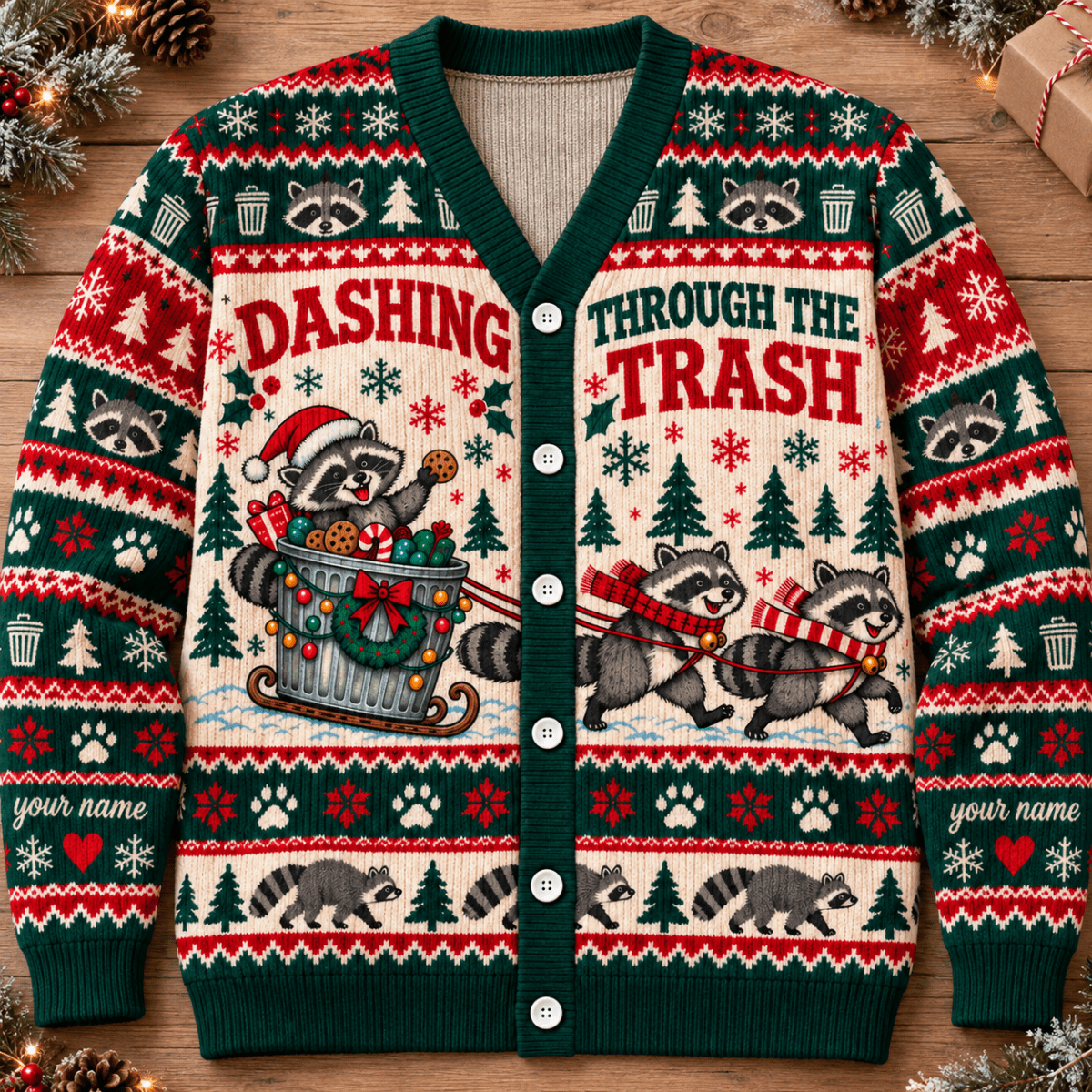 Personalized Raccoon Christmas Knitted Sweater & Cardigan – Trash Sleigh - FlamingoAholic