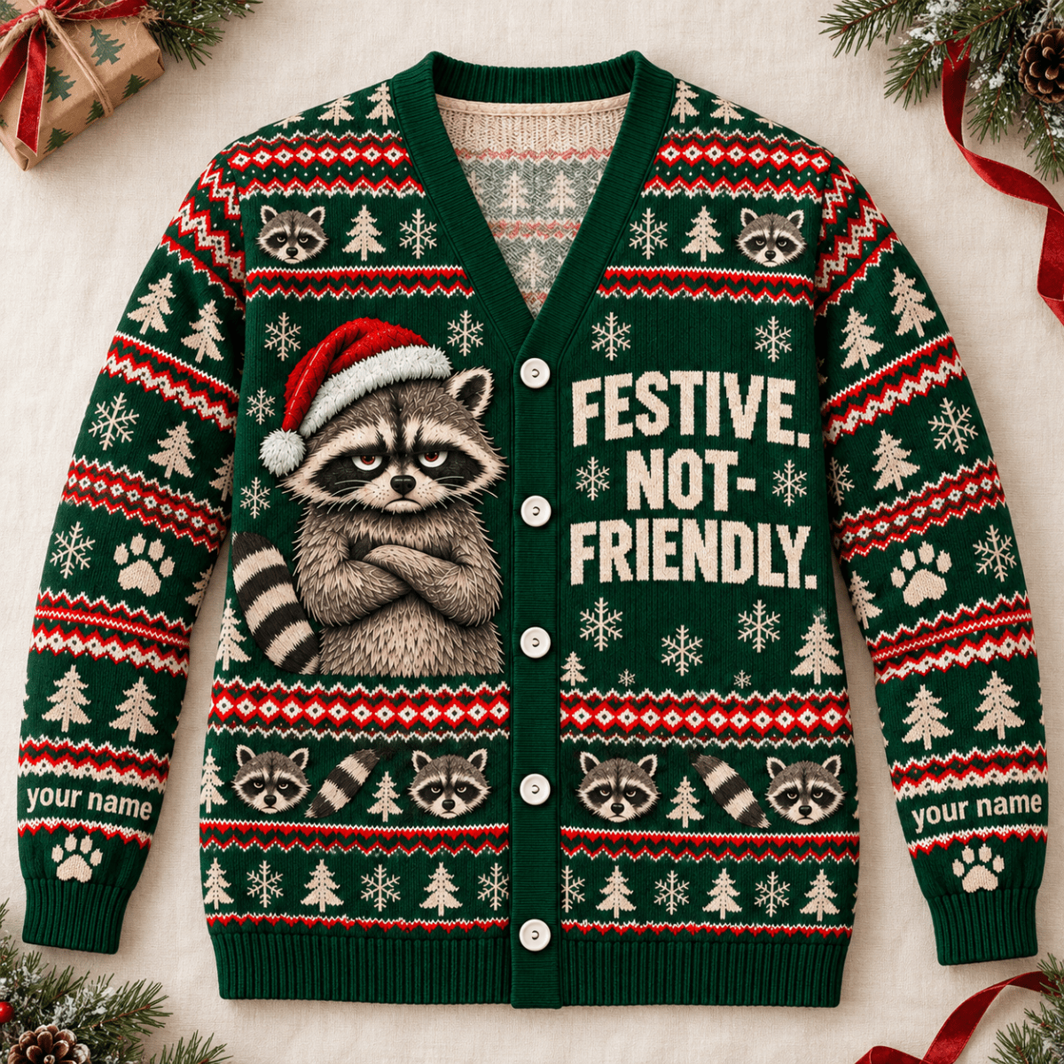 Personalized Raccoon Knitted Sweater & Cardigan – Festive Not Friendly - FlamingoAholic