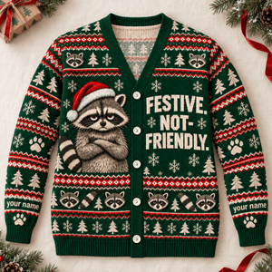 Personalized Raccoon Knitted Sweater & Cardigan – Festive Not Friendly - FlamingoAholic